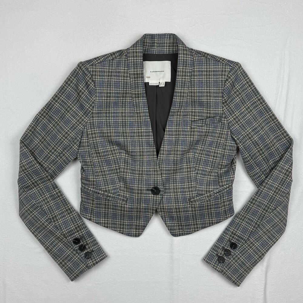 ANTHROPOLOGIE Women's 0 Cropped Knit Tuxedo Jacket Blazer Gray Blue Plaid Button
